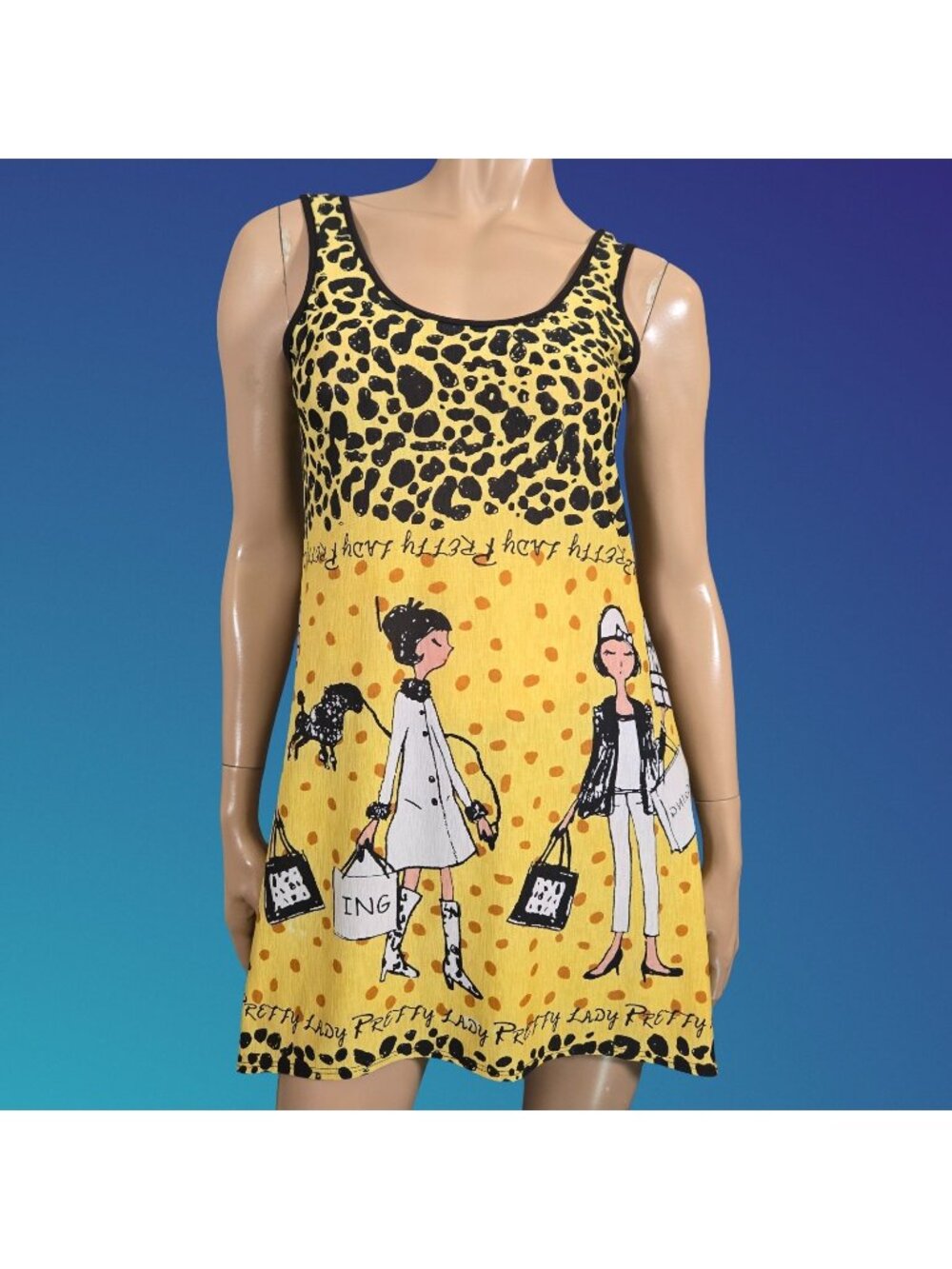 Vintage Y2K Yellow Black Leopard Graphic Print Sleeveless Mod Mini Dress Size M